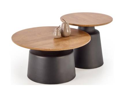 Set 2 masute MALOMI din MDF furniruit lemn, otel vopsit in camp electrostatic negru 70xH36cm/ 50xH45cm