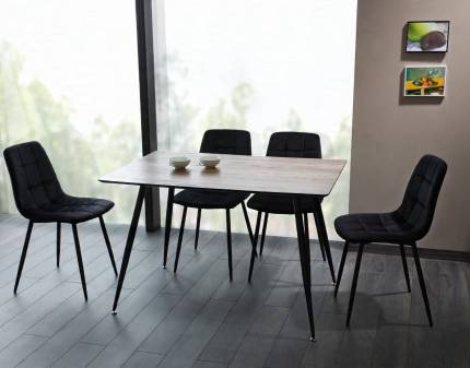 Set dining masa REMUS WALNUT 120x80xH75cm si MILA MATT VELVET 4 scaune tapitate catifea negru mat