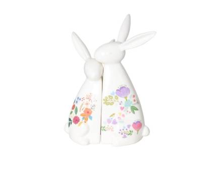 Set 2 iepuri albi cu flori din ceramica