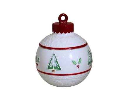 Recipient cu capac alb cu brazi in forma de glob din ceramica