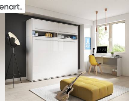 LENART PRO CONCEPT set pat (140x200cm) rabatabil pe perete orizontal cu dulap superior 215x46-131x217cm alb alpin/ alb lucios