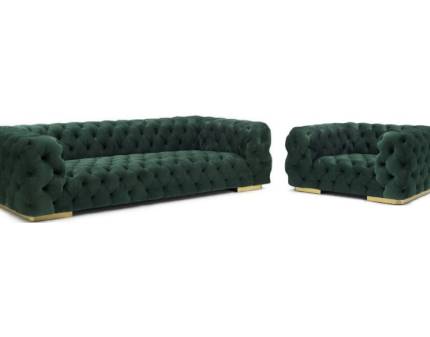 Set canapea 3 locuri + fotoliu CHESTER VELVET fixa, catifea verde 242x97cm / 130x97cm
