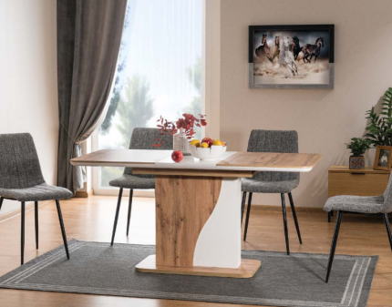 Set dining masa extensibila SYRIUSZ WOOD 120-160x80xH76cm si 4 scaune ALAN 123 tapitate material textil gri
