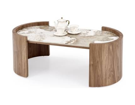 Masuta NICOSIA din MDF sinterizat cu efect de marmura bej, MDF furniruit nuc deschis 121x61xH45cm