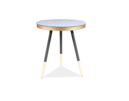 Masuta VEGA C din sticla cu efect de marmura alba, furnir, metal auriu + negru 45xH50cm