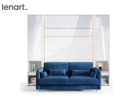 LENART BED CONCEPT set pat (160x200cm) rabatabil pe perete cu 2 dulapuri 261x45-228x218cm alb lucios si canapea albastra 184x93cm