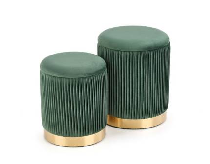 Set 2 tabureti MONTY catifea verde, cadru auriu, cu spatiu pentru depozitare 44xH36cm / 38xH31cm