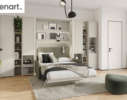 LENART BED CONCEPT set pat (140x200cm) rabatabil pe perete cu canapea olive, dulapuri si rafturi 385x40-228x218cm casmir