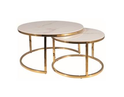 Set 2 masute PORTAFINO A din ceramica cu efect de marmura alba, metal auriu 60xH38cm / 80xH42cm