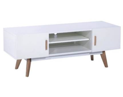 Comoda TV cu 2 usi si spatiu liber MILAN 150x48x35cm alb, picioare si manere fag