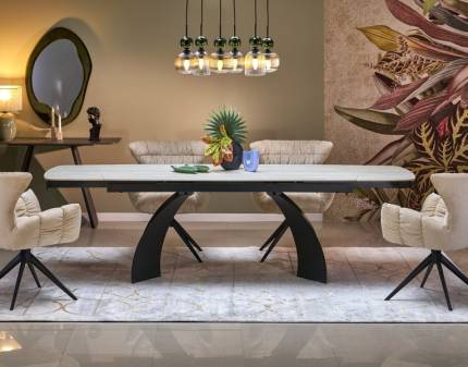 Masa extensibila VITRUS din otel sinterizat travertin deschis, otel vopsit negru 180-260x90xH76cm