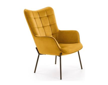 Fotoliu CASTEL catifea mustar, picioare aurii, spatar inalt, design clasic 71x79xH97cm