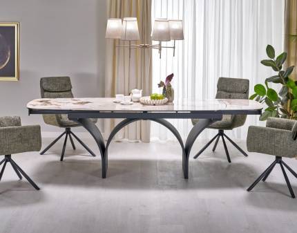 Masa extensibila ALTER din sticla si ceramica cu efect de marmura bej, otel vopsit in camp electrostatic negru 180-260x74xH76cm