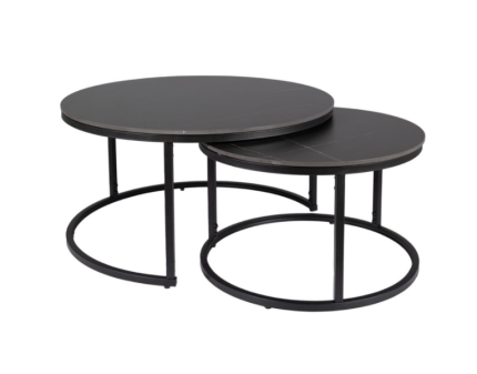 Set 2 masute FERRANTE D din ceramica cu efect de marmura neagra, metal negru 60xH38cm / 80xH42cm