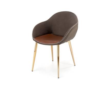 Scaun tapitat K304 cu cusatura in contrast, catifea + ecopiele brown 57x53xH79cm, piciaore aurii