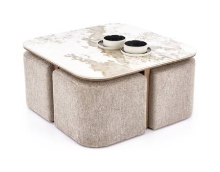 Masuta ARAKIS din MDF sinterizat cu efect de marmura bej/ furniruit nuc deschis, cu 4 tabureti tapitati beige 90x90xH45cm