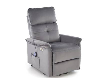 Fotoliu SEMIR 2 cu recliner electric, functie de masaj, port USB, buzunar pentru depozitare, confortabil, catifea grey 80x90xH108cm