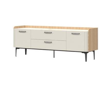 Comoda tv cu 2 usi si 2 sertare AIR 175x63x47cm Pepper White/ stejar Furneo - sticla cu model de marmura Calcatta Oro, cadru, picioare si manere Antracit 