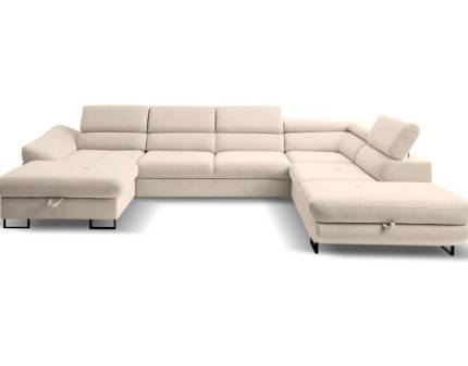 Coltar extensibil FABIO U cu lada pentru depozitare, tetiere reglabile, personalizabil 350x235x175cm