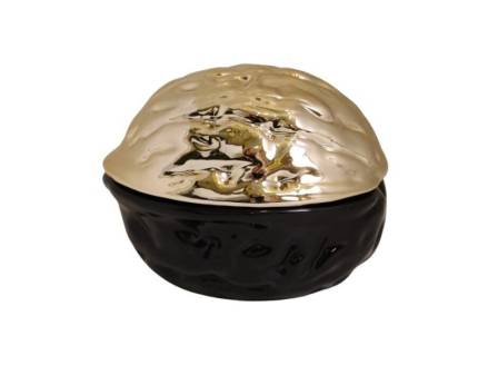 Recipient mare cu capac in forma de nuca negru/ auriu din ceramica