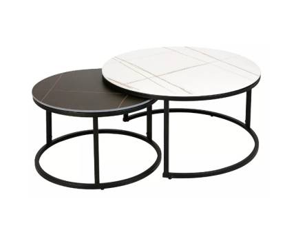 Set 2 masute FERRANTE B din ceramica cu efect de marmura neagra si alba, metal negru 60xH38cm / 80xH42cm 