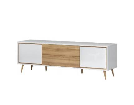 Comoda TV cu 2 usi si 2 sertare VIDA 180x58x47cm alb lucios/ nuc Pacific