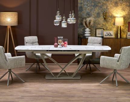 Masa extensibila BENJAMIN din sticla si ceramica bej, otel vopsit casmir 160-240x90xH77cm