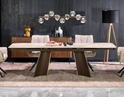 Masa extensibila VESNA din sticla si ceramica cu efect de marmura bej, otel vopsit maro 180-260x90xH76cm