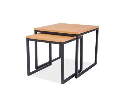 Set 2 masute LARGO DUO din MDF cu furnir natural stejar, metal negru 50x50xH45cm / 40x40xH40cm