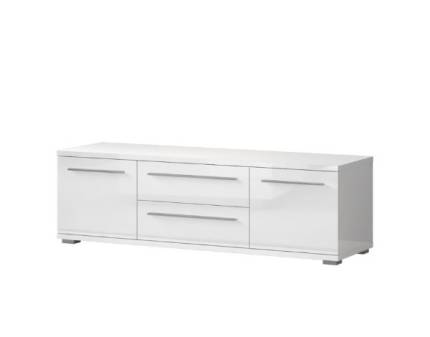 Comoda TV cu 2 usi si 2 sertare PIANO WHITE 150x46x45cm alb lucios, manere si picioare crom