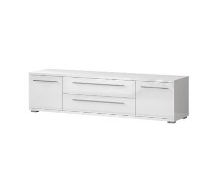 Comoda TV cu 2 usi si 2 sertare PIANO WHITE 180x46x45cm alb lucios, manere si picioare crom