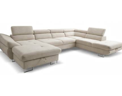 Coltar extensibil FABIO U cu lada pentru depozitare, tetiere reglabile, personalizabil 350x235x175cm