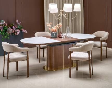 Masa extensibila GIBSON din MDF sinterizat lacuit cu efect de marmura alba, MDF furniruit nuc, otel vopsit negru/ auriu 160-220x90xH76cm 