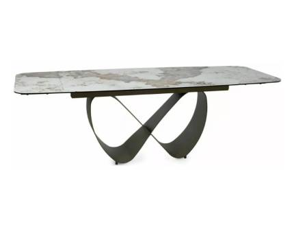 Masa extensibila INFINITY CERAMIC PANDORO din sticla securizata si ceramica Pandoro alb lucios, metal cupru 160-240x95xH76cm 