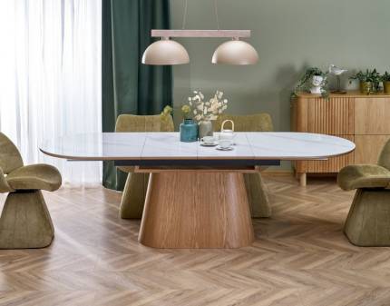 Masa extensibila SIRIUS din MDF sinterizat cu efect de marmura alb lucios, MDF + furnir natural 160-240x90xH77cm